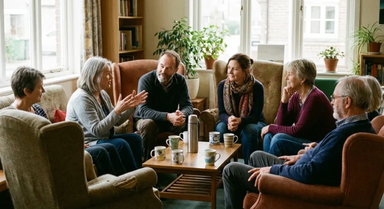 Small group of adults in a neuropathy support group meeting, sharing experiences in a bright community room