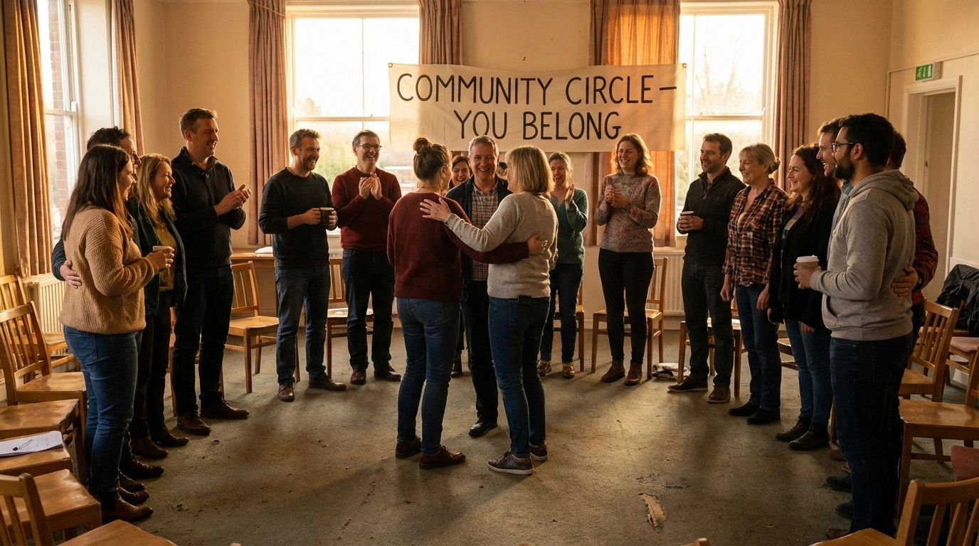 Wide-angle photograph of a group of people at the end of a support group meeting, standing and chatting in small clusters. Warm expressions, some people laughing, others in engaged conversation. The mood is one of community, belonging, and encouragement.
