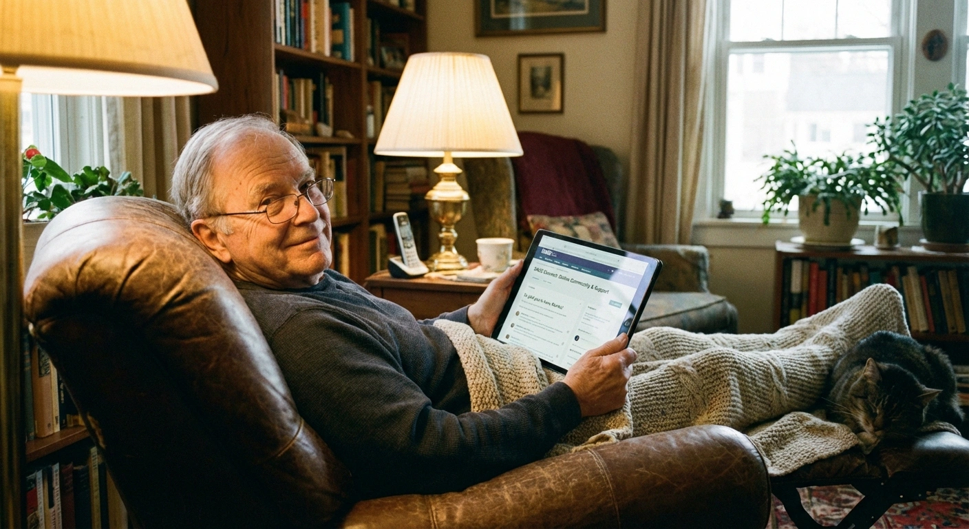 Photograph of an older adult comfortably using a tablet or laptop at home, browsing an online support community. They look engaged and connected, perhaps smiling at something they're reading. Cozy home setting — comfortable chair, warm lighting, maybe a blanket.