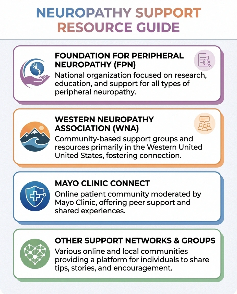 Clean layout showing logos or visual representations of major neuropathy support organizations: Foundation for Peripheral Neuropathy, Western Neuropathy Association, Mayo Clinic Connect, and others. Arranged as a resource guide visual with brief descriptions.