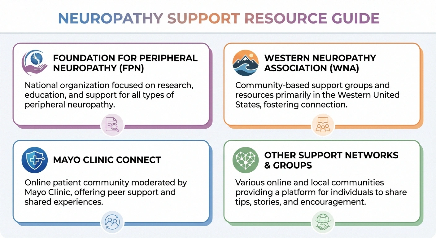 Clean layout showing logos or visual representations of major neuropathy support organizations: Foundation for Peripheral Neuropathy, Western Neuropathy Association, Mayo Clinic Connect, and others. Arranged as a resource guide visual with brief descriptions.