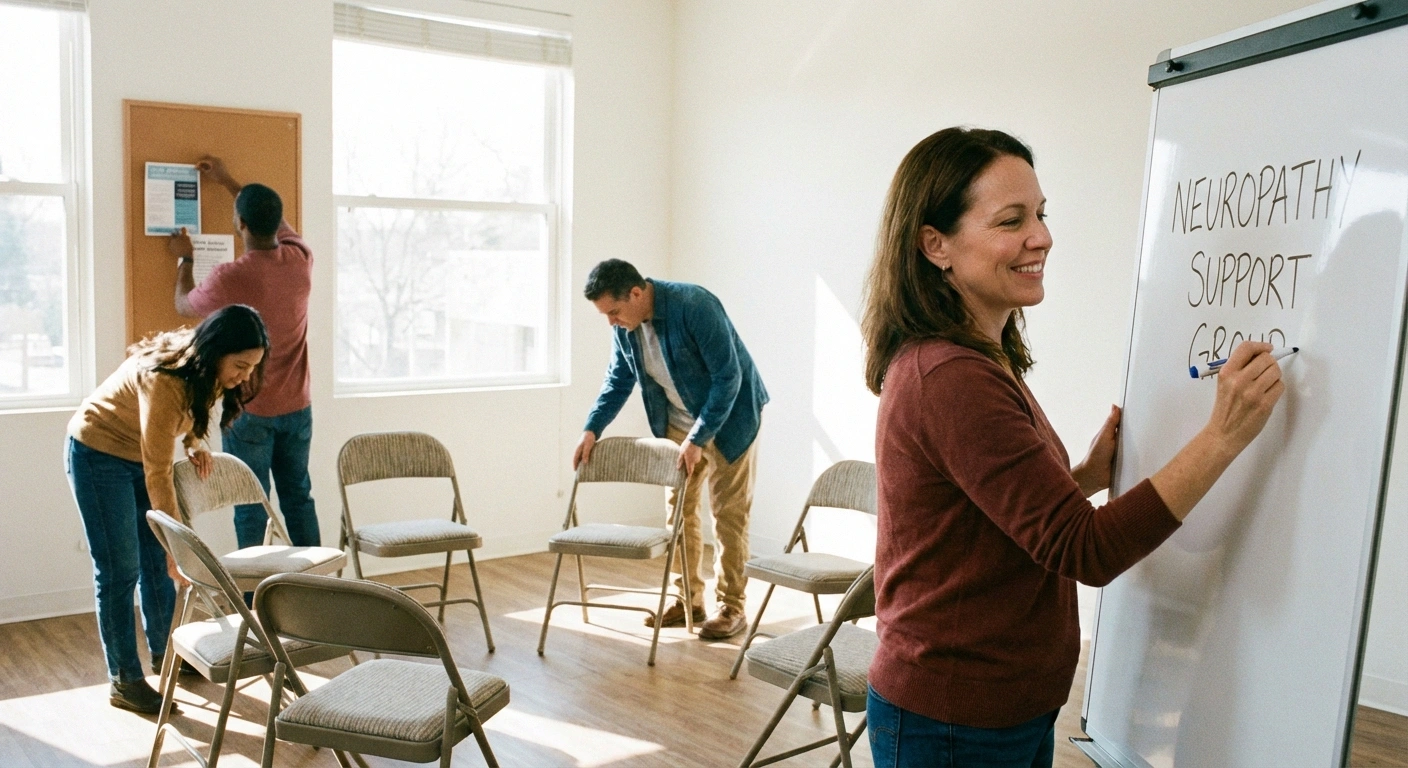 Photograph of a small group forming — someone putting up a flyer on a community bulletin board, or setting up chairs in a meeting room, or writing 