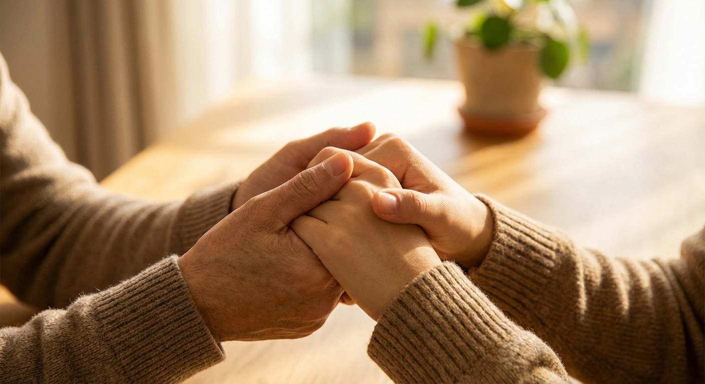 Close-up photograph of two people's hands clasped in a supportive gesture — one person reaching out to comfort another. Warm skin tones, natural lighting. The gesture conveys empathy, connection, and mutual support.