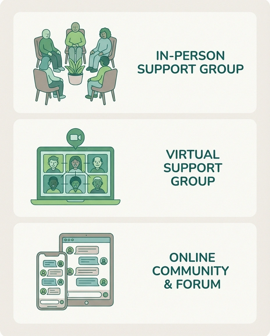 Clean illustration showing three types of support groups side by side: in-person (people sitting in chairs in a circle), virtual (laptop screen showing a Zoom-style gallery view), and online community (phone/tablet showing a discussion forum). Each with a brief label.