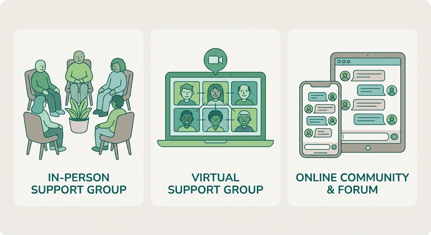 Clean illustration showing three types of support groups side by side: in-person (people sitting in chairs in a circle), virtual (laptop screen showing a Zoom-style gallery view), and online community (phone/tablet showing a discussion forum). Each with a brief label.