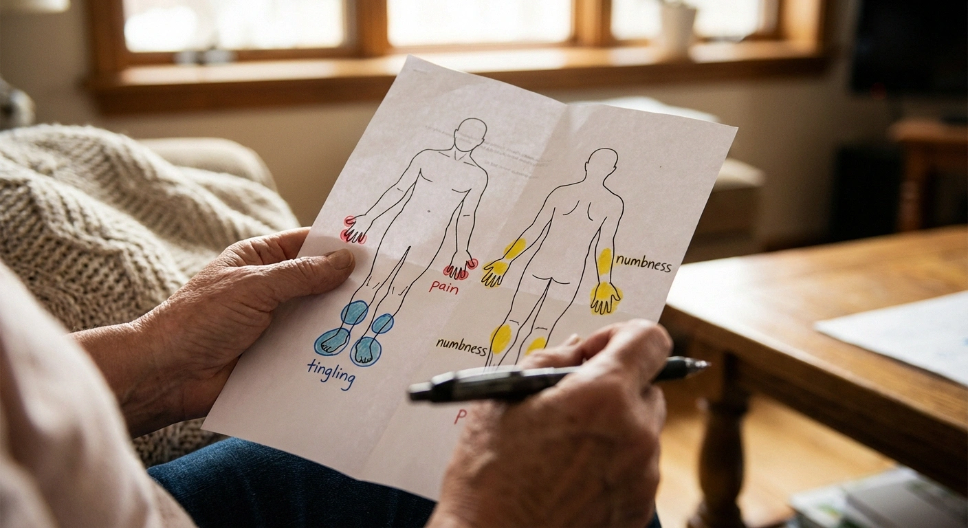 Hands annotating a body map template marking areas of neuropathy numbness and tingling in feet and hands