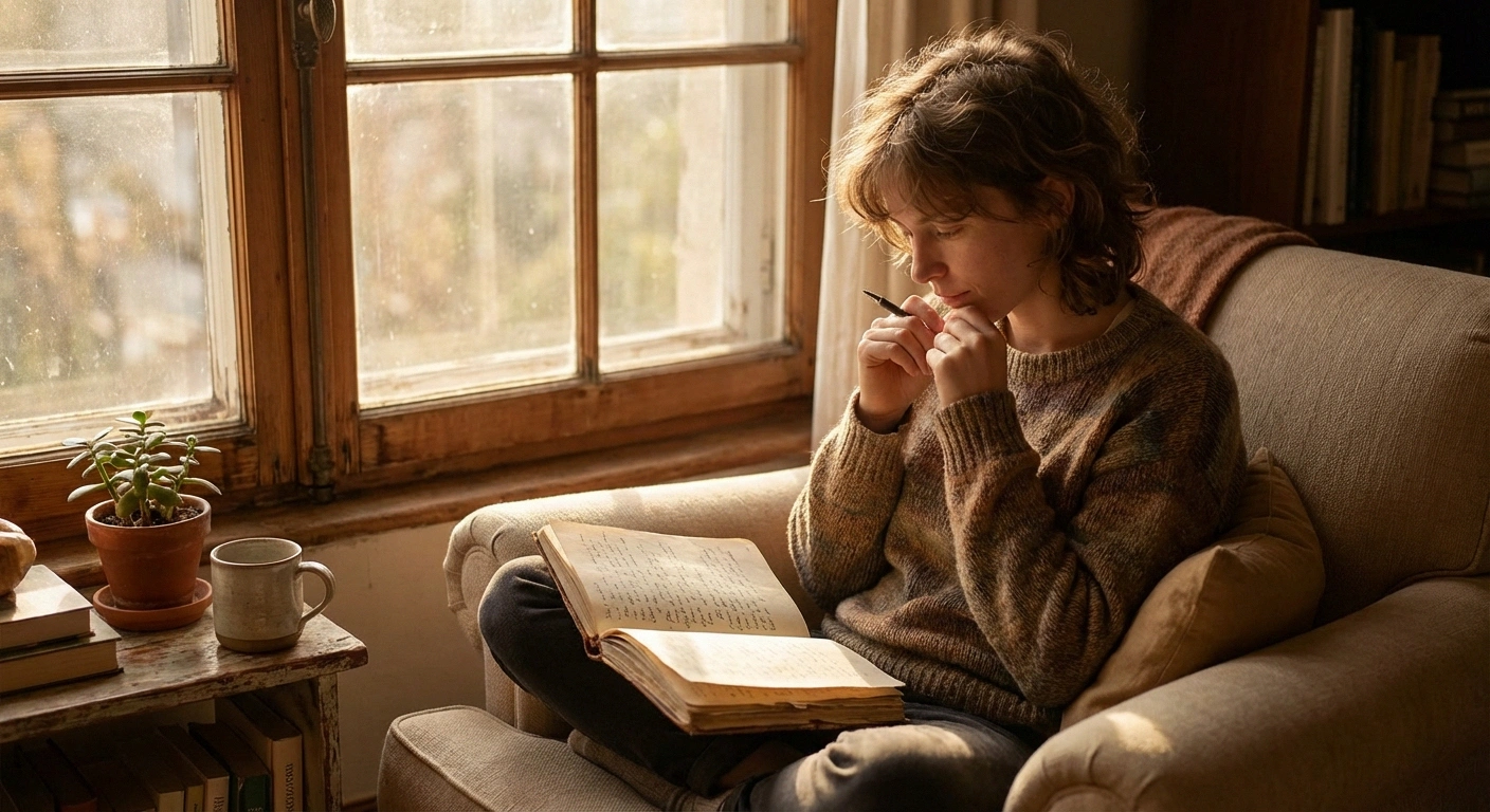 Person peacefully writing in their neuropathy symptom journal by a window conveying sense of control and self-care
