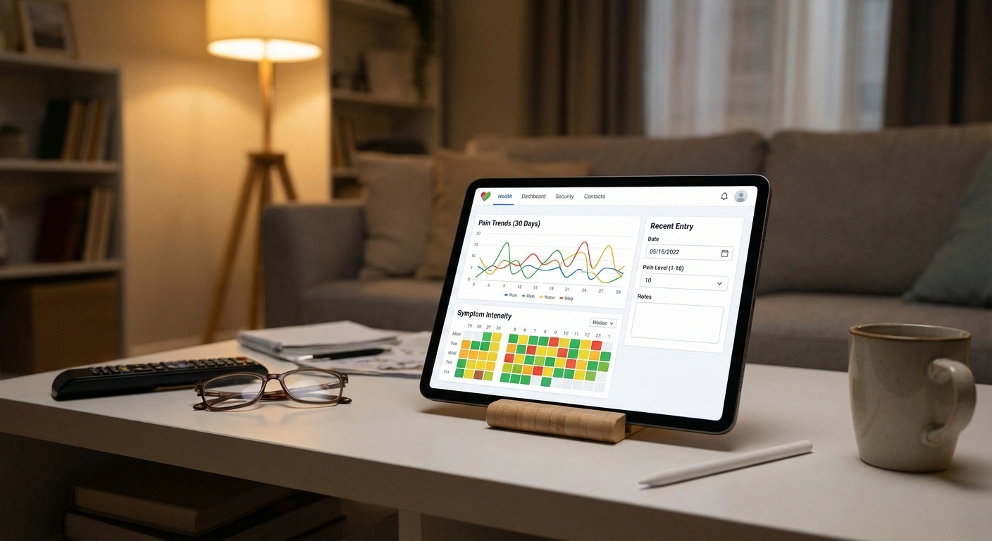 Tablet displaying a neuropathy symptom tracking app with pain trend charts and calendar heatmap in a home setting