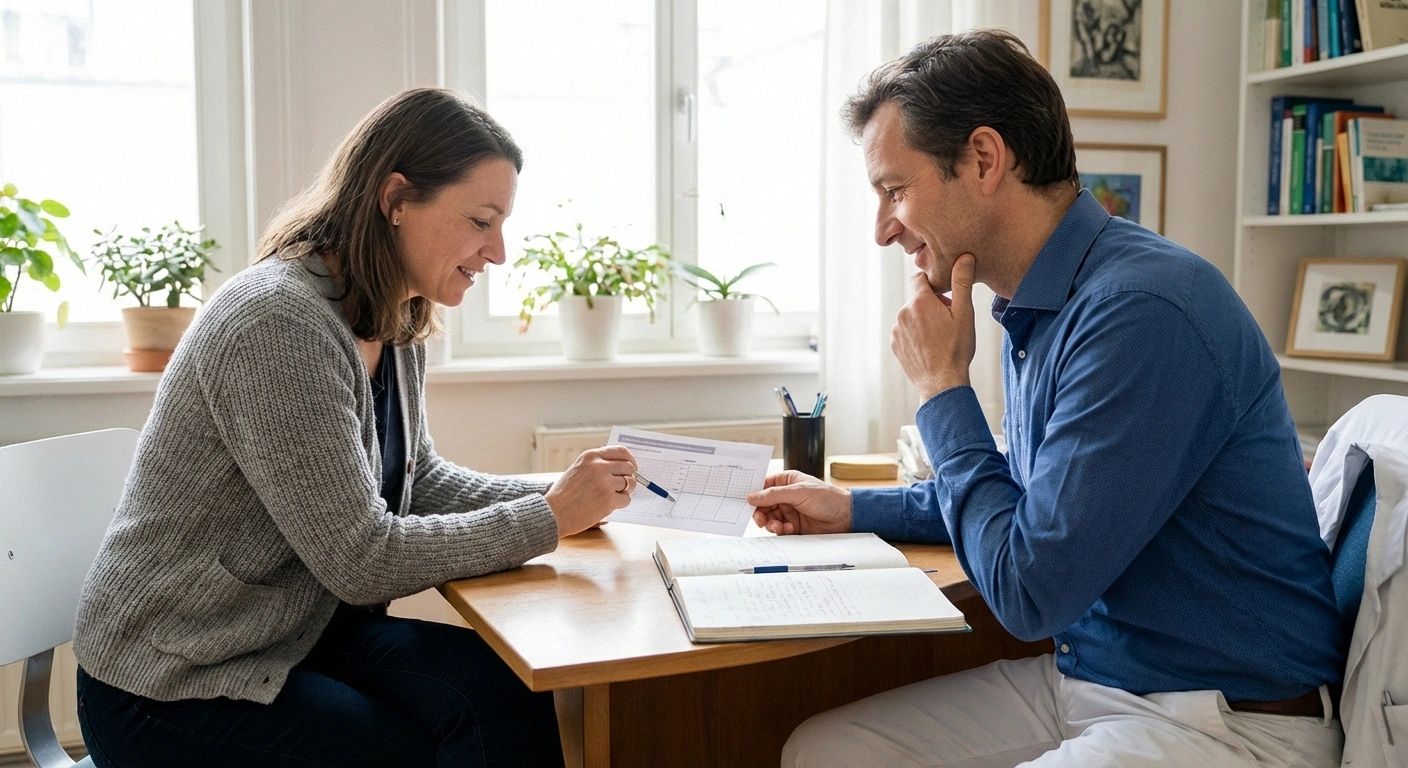 Patient sharing their neuropathy symptom journal with a doctor during an office appointment