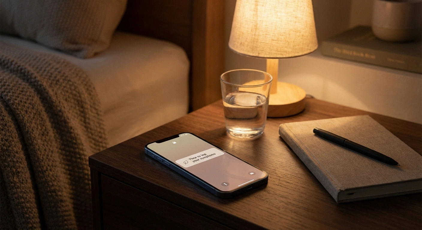 Phone showing a neuropathy symptom tracking reminder notification on a nightstand beside a journal for consistent daily logging