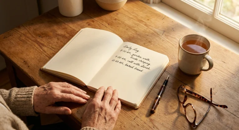 Open symptom journal notebook on a wooden table with pen, tea, and reading glasses in soft morning light