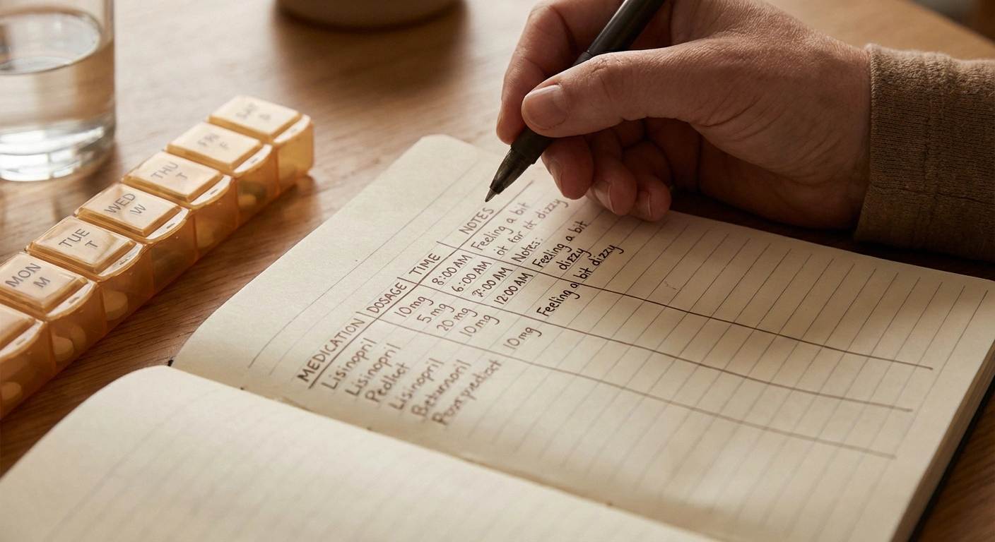 Handwritten neuropathy medication log with pill organizer showing daily supplement and medication tracking
