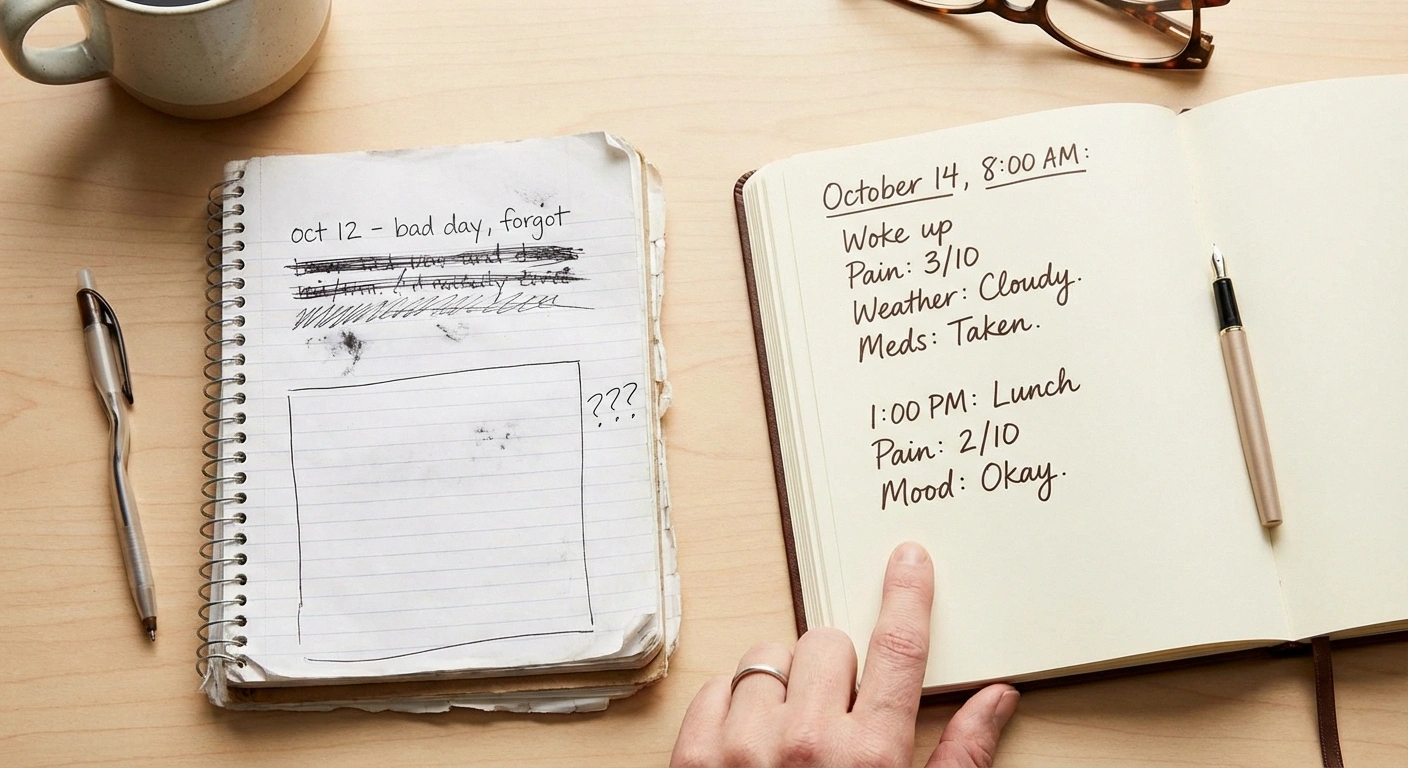 Side-by-side comparison of an incomplete and a detailed neuropathy symptom journal showing effective tracking habits