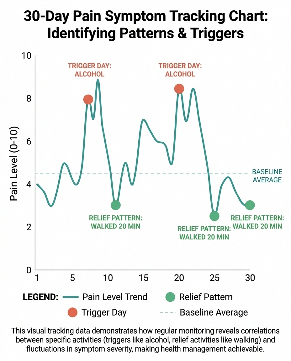 Sample 30-day neuropathy symptom tracking chart showing pain level patterns with trigger and relief factors highlighted