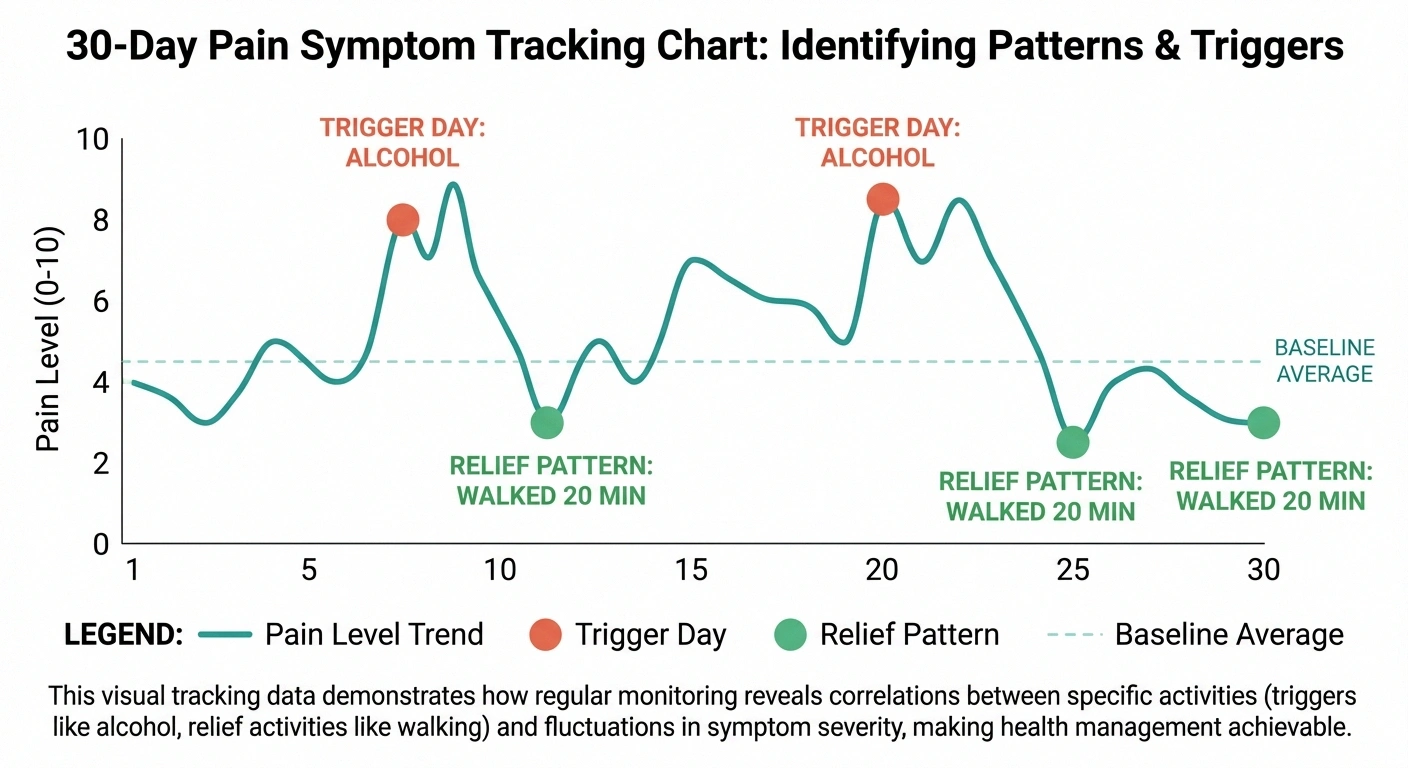 Sample 30-day neuropathy symptom tracking chart showing pain level patterns with trigger and relief factors highlighted