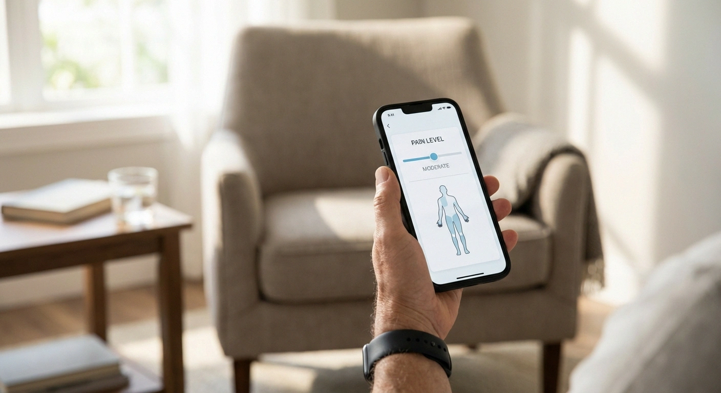 Person using a smartphone health tracking app with pain scale and body map for neuropathy symptom journaling