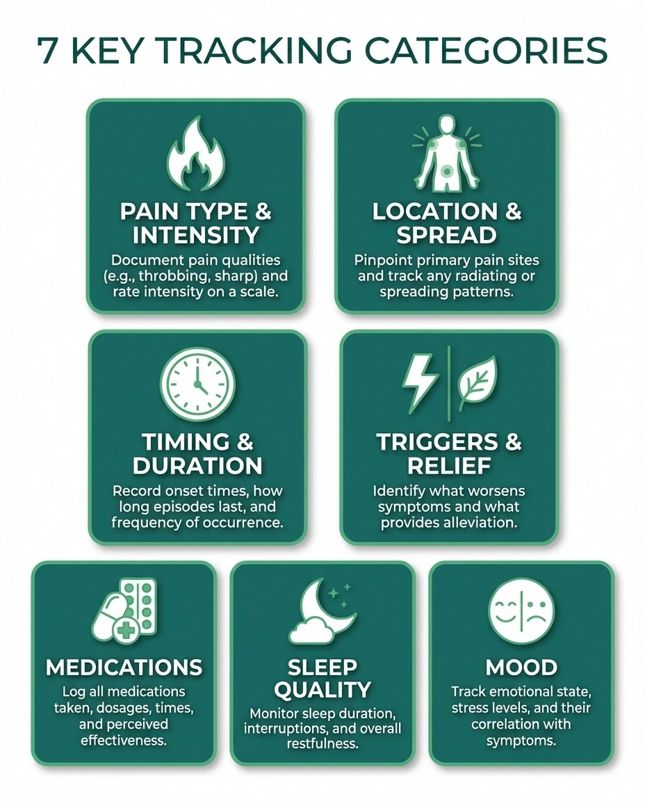 Infographic showing seven key categories to track in a neuropathy symptom journal including pain, location, timing, triggers, medications, sleep, and mood