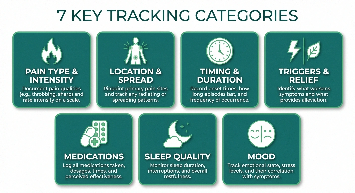 Infographic showing seven key categories to track in a neuropathy symptom journal including pain, location, timing, triggers, medications, sleep, and mood