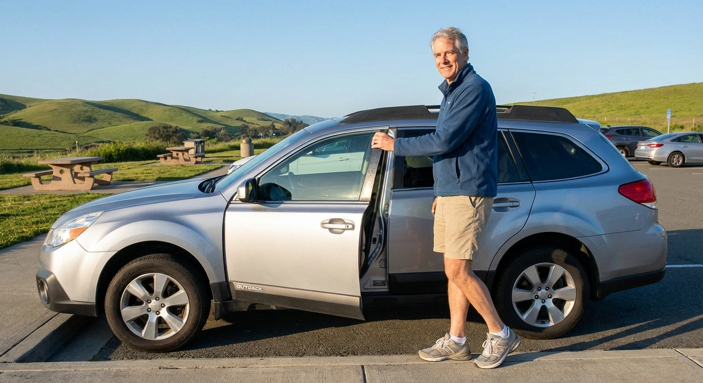 Man stretching his legs at a highway rest stop during a road trip, demonstrating movement breaks for neuropathy management