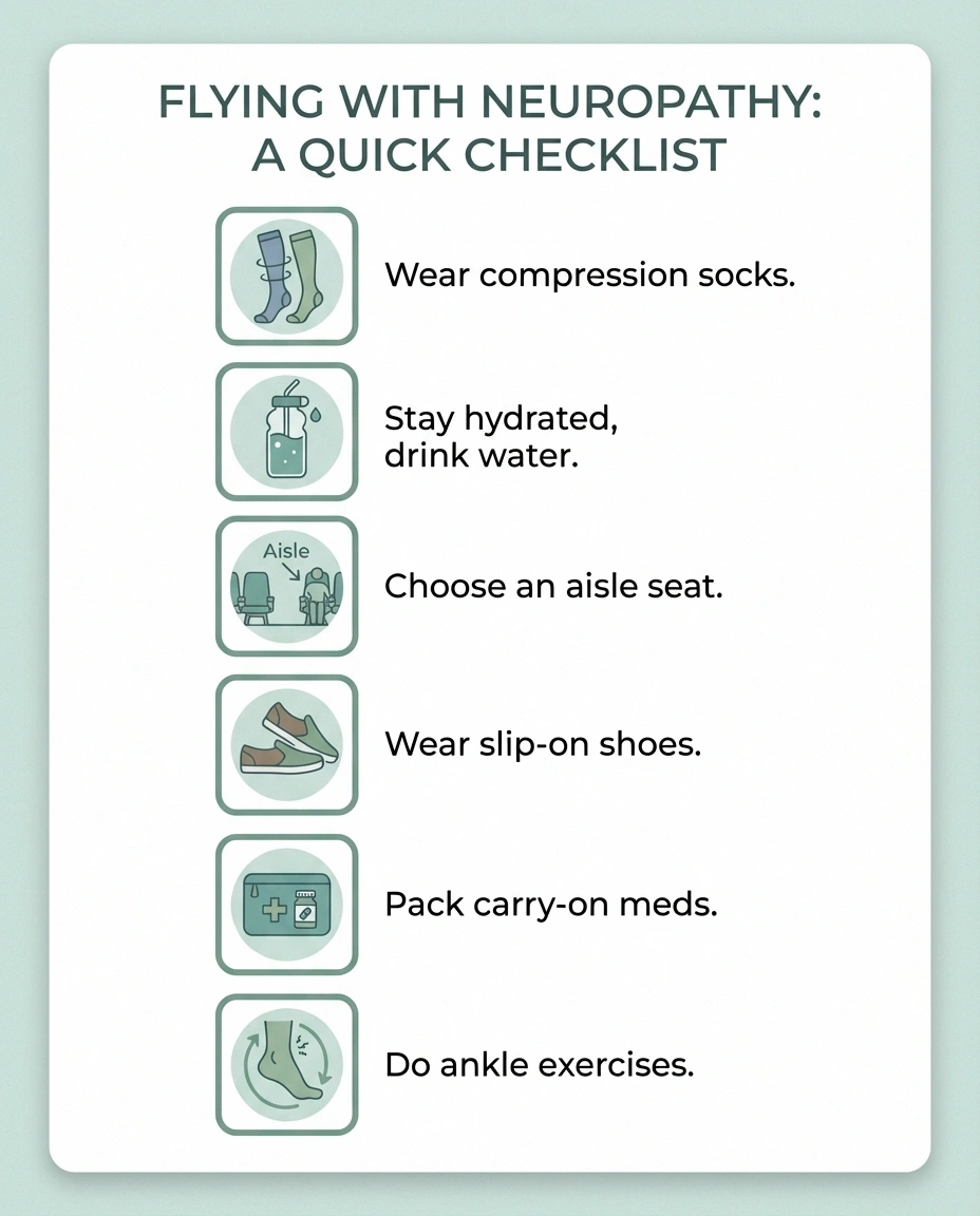 A visual checklist for flying with neuropathy. Six items arranged in a clean grid: compression socks icon, water bottle icon, aisle seat diagram, slip-on shoes icon, carry-on medication bag icon, and an ankle exercise illustration. Each item has a brief one-line label. The design is practical and easy to scan quickly.