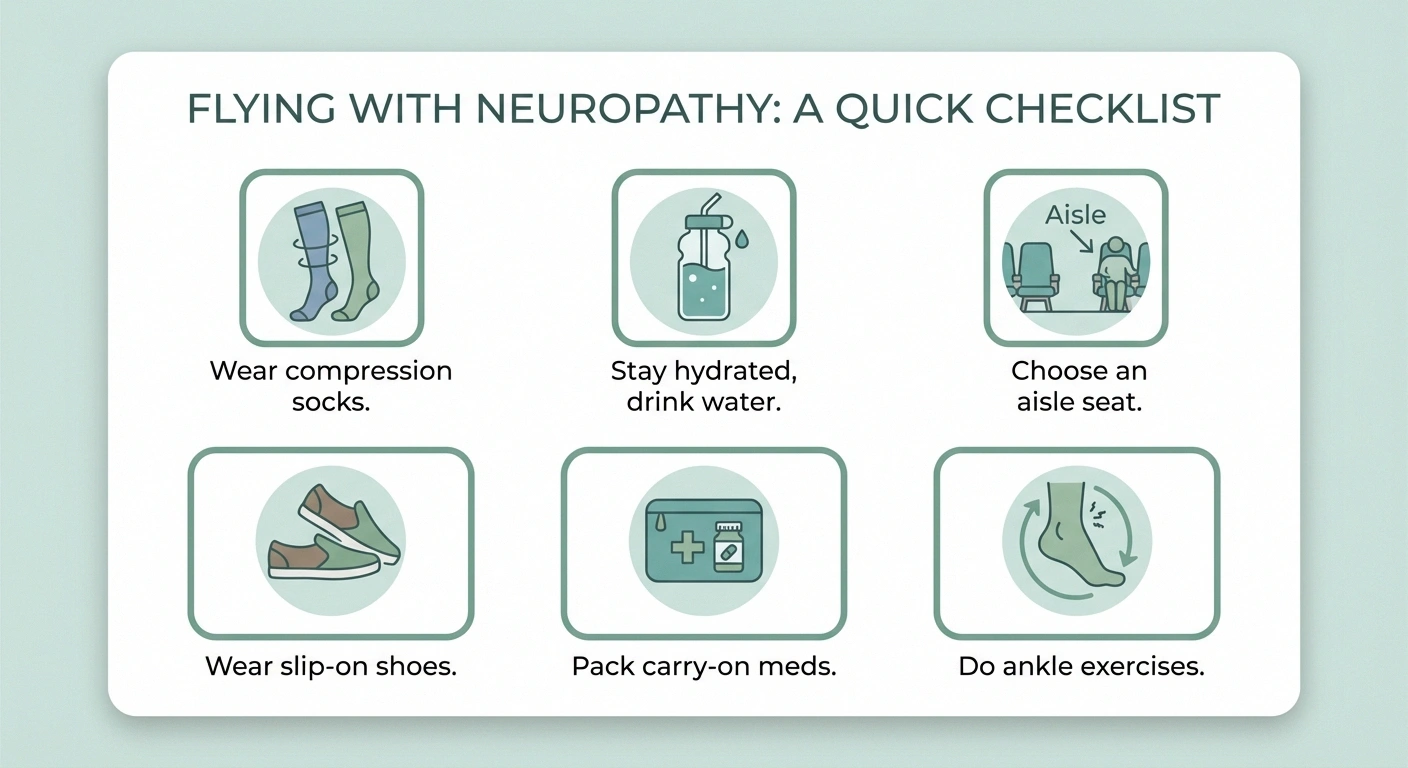 A visual checklist for flying with neuropathy. Six items arranged in a clean grid: compression socks icon, water bottle icon, aisle seat diagram, slip-on shoes icon, carry-on medication bag icon, and an ankle exercise illustration. Each item has a brief one-line label. The design is practical and easy to scan quickly.