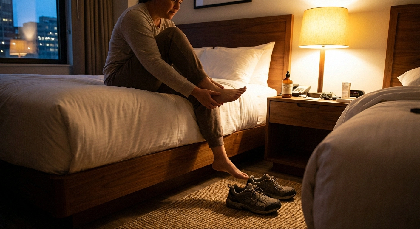 A person sitting on the edge of a hotel bed in the evening, inspecting the bottom of their foot under a bedside lamp. Two pairs of comfortable walking shoes sit on the floor nearby. A small bottle of moisturizing lotion is on the nightstand. The scene captures the important routine of nightly foot inspection while traveling.
