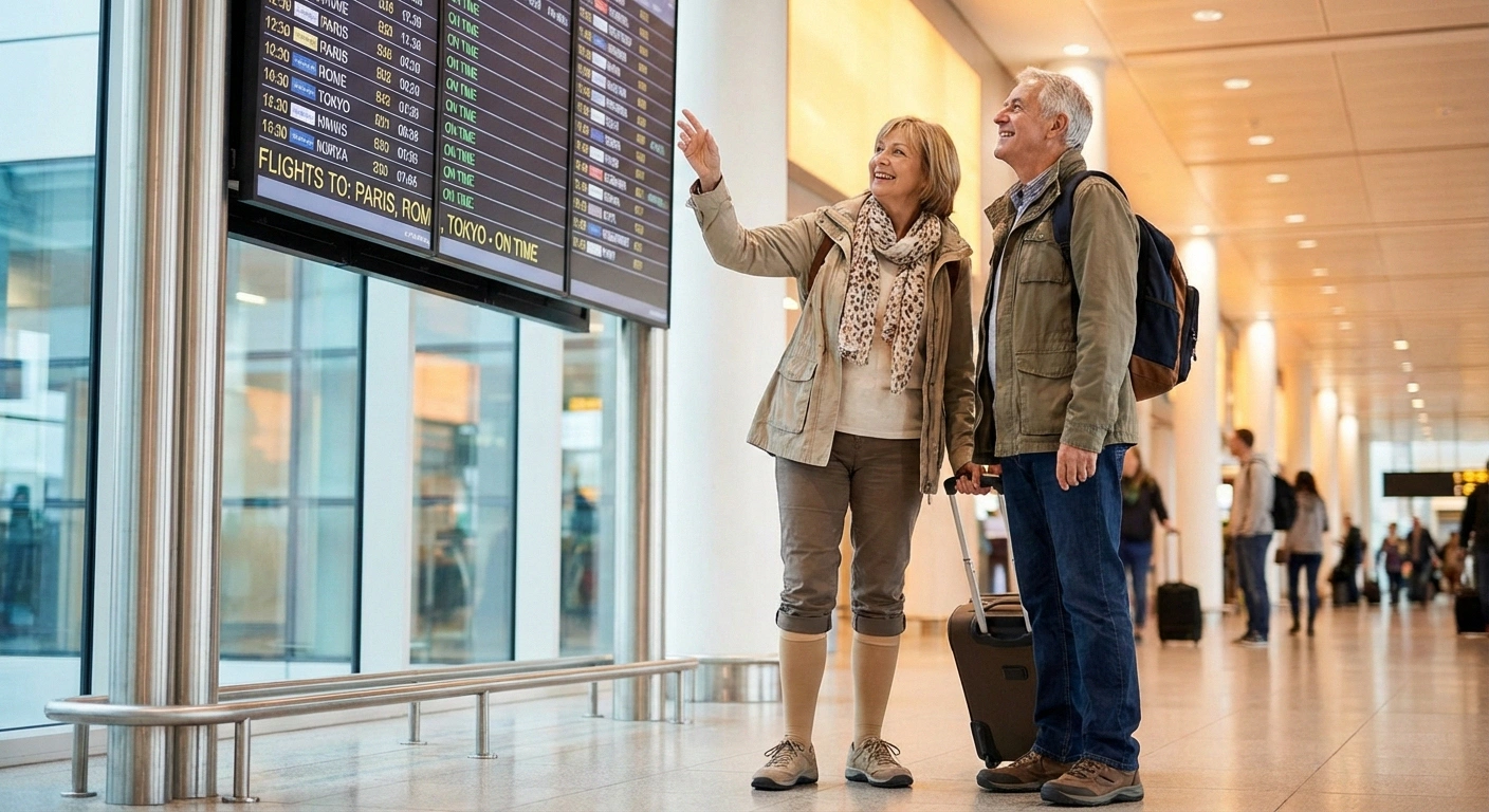 A mature couple in their sixties standing at an airport terminal with carry-on luggage, looking relaxed and prepared. The woman is wearing comfortable walking shoes and compression socks are subtly visible. They are smiling and looking at a departure board. The image conveys that travel is still possible and enjoyable with neuropathy.