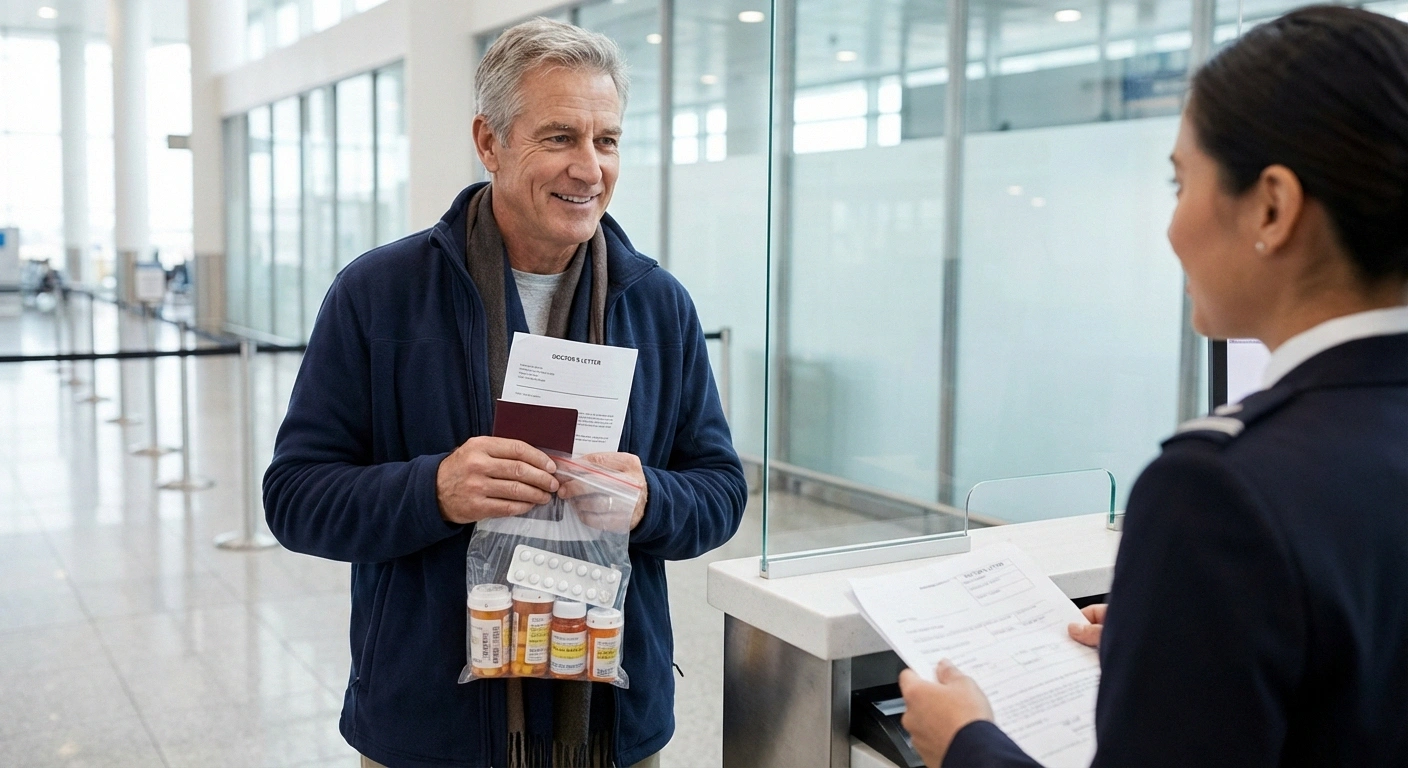 Traveler at international customs with passport and prescription medications in original containers, prepared for traveling with neuropathy abroad