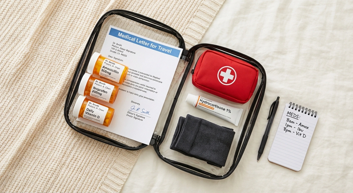 Organized travel medication kit showing prescription bottles, doctor's letter, topical cream, and compression socks packed for a trip with neuropathy