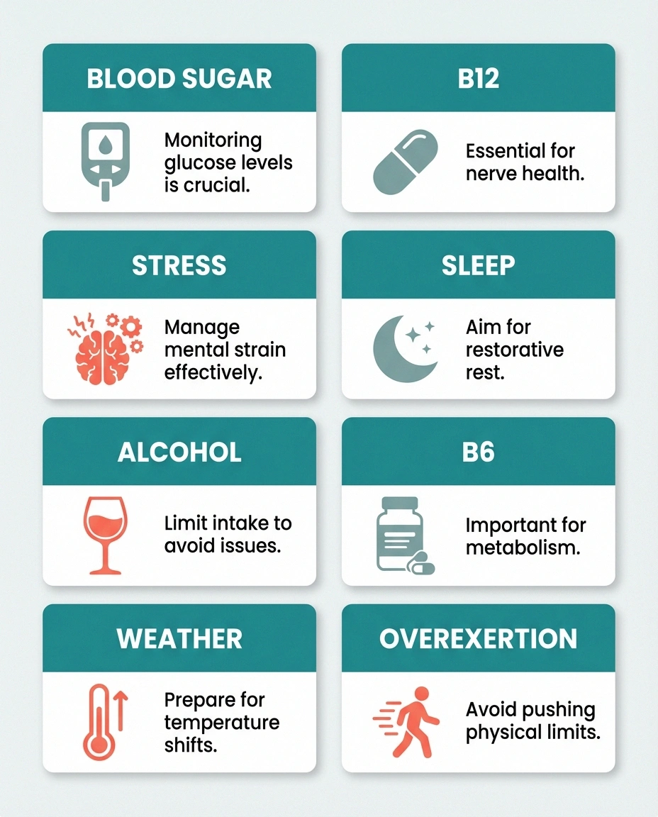 8-card grid layout with icons for each trigger: blood sugar (glucose meter), alcohol (wine glass), B12 (pill), B6 (supplement bottle), biofeedback during neuropathy flare-ups (brain), weather (thermometer), sleep (moon), overexertion (walking figure). Each card has the trigger name and one-line description. NR color palette: teal headers, white cards, coral for warning items.