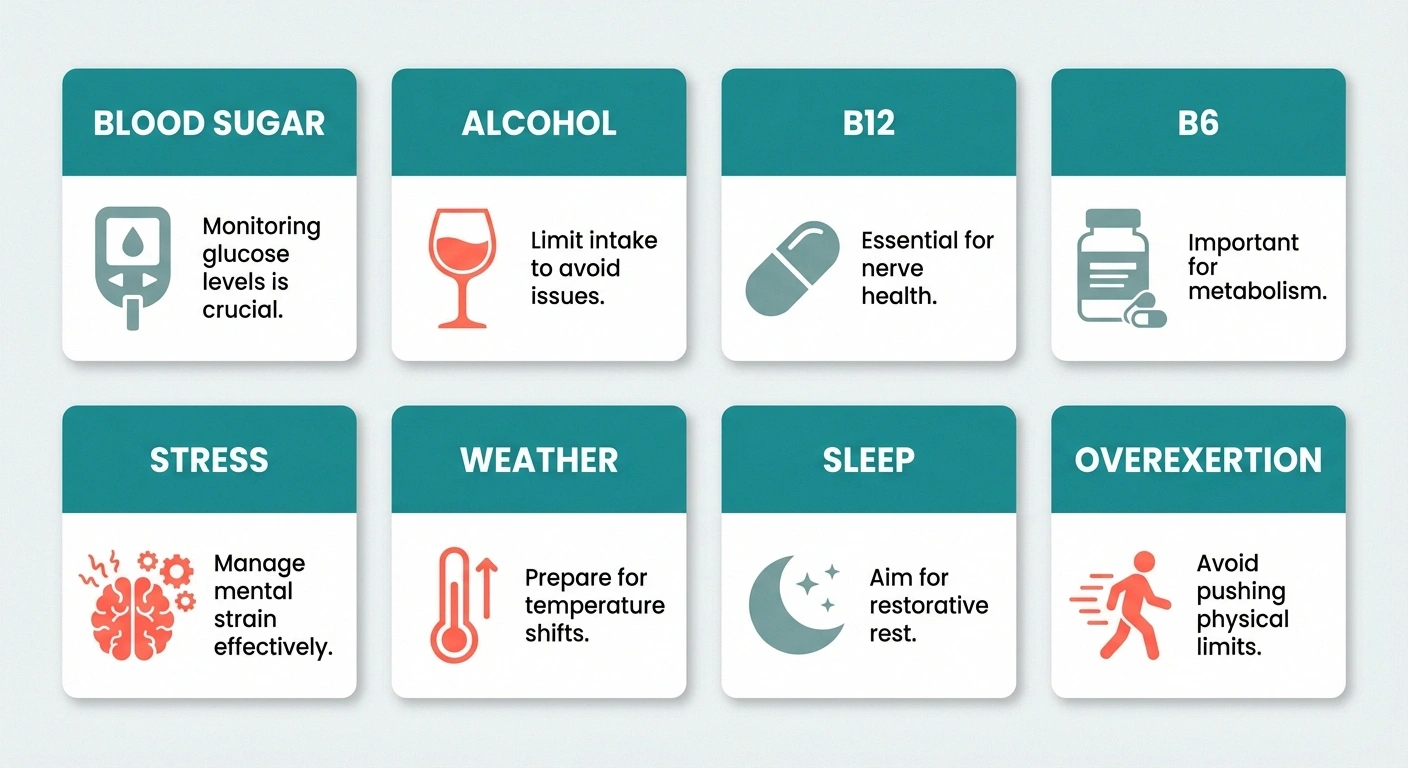 8-card grid layout with icons for each trigger: blood sugar (glucose meter), alcohol (wine glass), B12 (pill), B6 (supplement bottle), biofeedback during neuropathy flare-ups (brain), weather (thermometer), sleep (moon), overexertion (walking figure). Each card has the trigger name and one-line description. NR color palette: teal headers, white cards, coral for warning items.