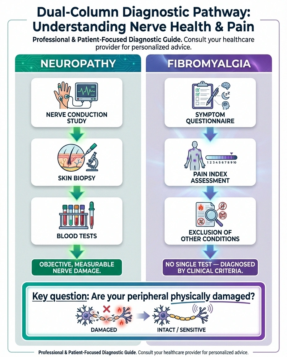 Diagnostic pathway comparison infographic for neuropathy versus fibromyalgia showing different testing approaches and clinical criteria