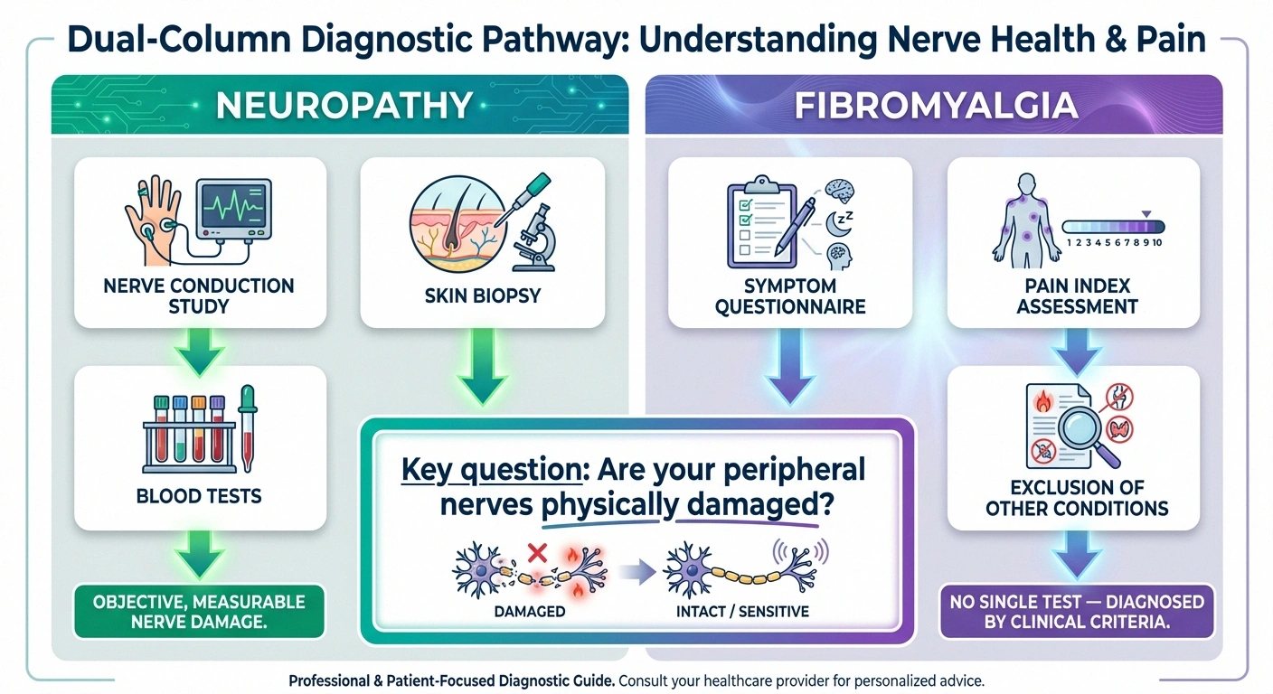 Diagnostic pathway comparison infographic for neuropathy versus fibromyalgia showing different testing approaches and clinical criteria