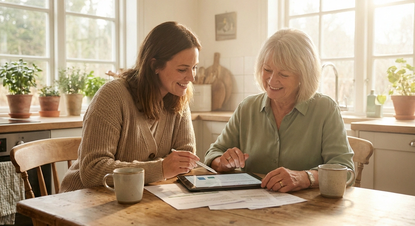 Two people reviewing medical information together at a kitchen table, navigating a neuropathy or fibromyalgia diagnosis with support