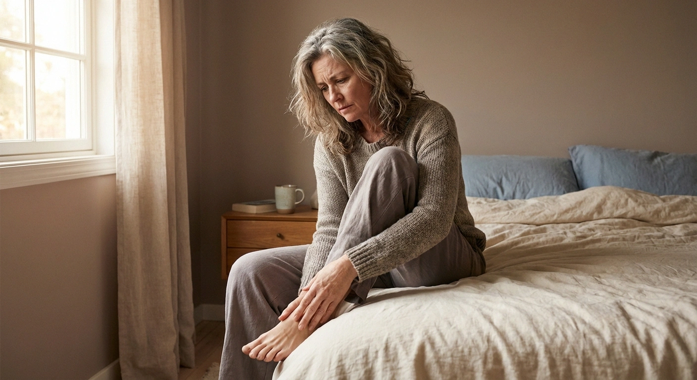 Woman sitting on bed edge massaging her feet, illustrating the daily experience of chronic nerve and muscle pain