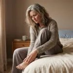 Woman sitting on bed edge massaging her feet, illustrating the daily experience of chronic nerve and muscle pain