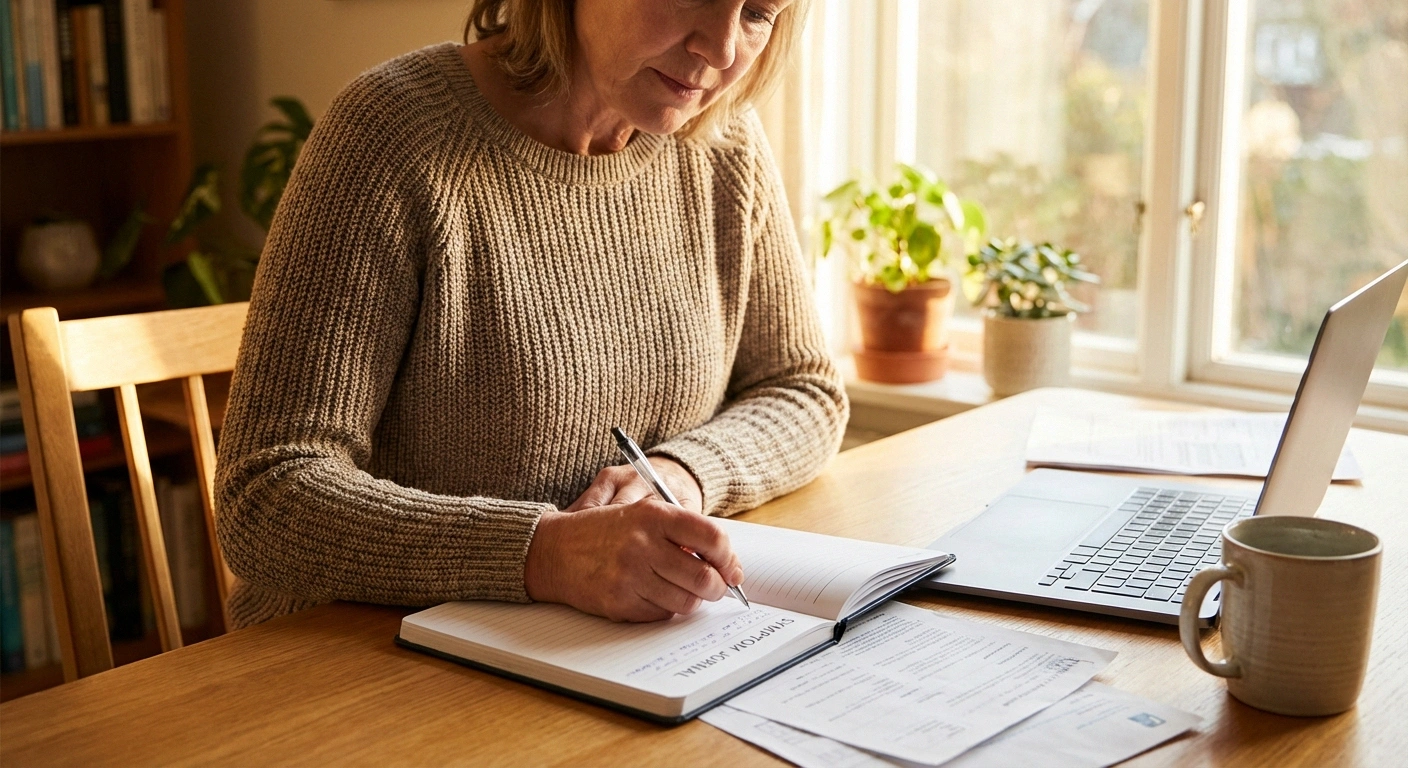 Person writing in a symptom journal at their desk, taking proactive steps toward getting an accurate neuropathy or fibromyalgia diagnosis