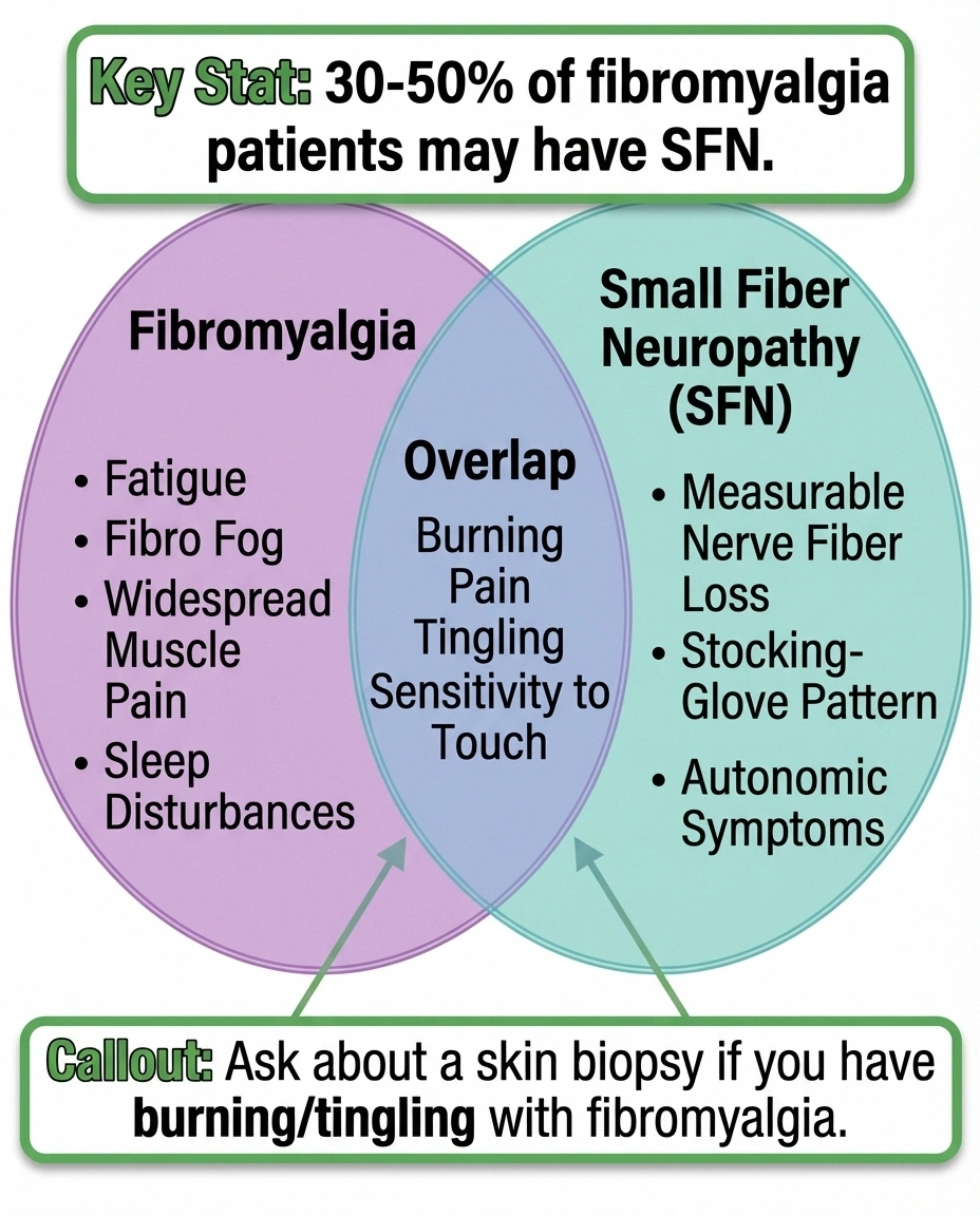 Venn diagram showing symptom overlap between fibromyalgia and small fiber neuropathy with research statistics on comorbidity
