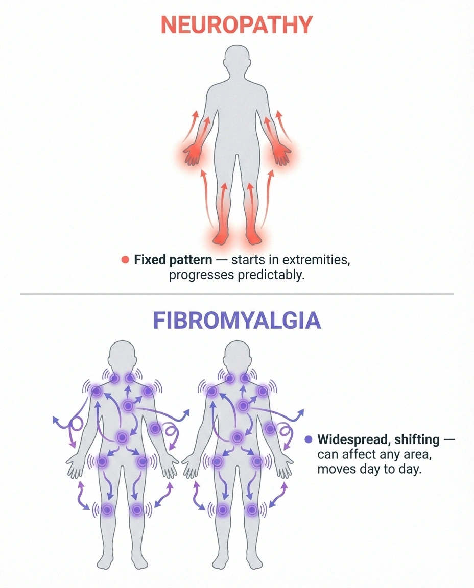 Side-by-side body outline comparison showing neuropathy stocking-and-glove pain pattern versus fibromyalgia widespread migrating pain pattern