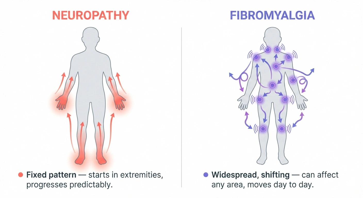 Side-by-side body outline comparison showing neuropathy stocking-and-glove pain pattern versus fibromyalgia widespread migrating pain pattern