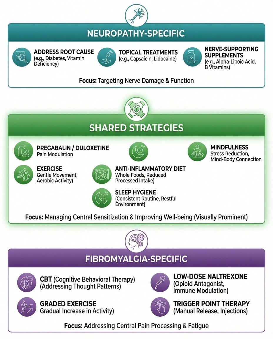 Three-column treatment comparison infographic showing neuropathy-specific, shared, and fibromyalgia-specific management approaches