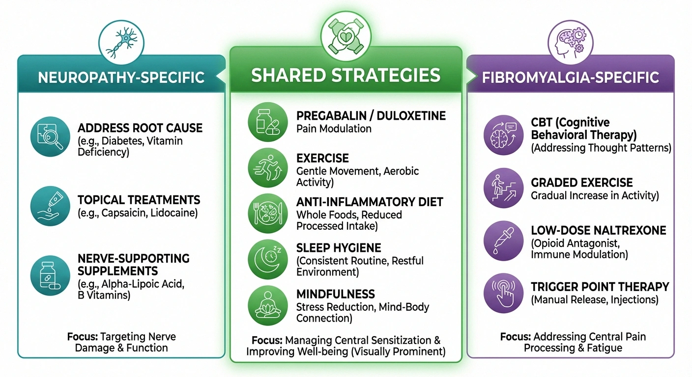 Three-column treatment comparison infographic showing neuropathy-specific, shared, and fibromyalgia-specific management approaches
