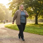 A person standing on a walking path in a park, viewed from mid-distance. They are larger-bodied and wearing comfortable exercise clothing, taking a positive step toward activity. Morning light, encouraging atmosphere. NOT a before/after or clinical image.