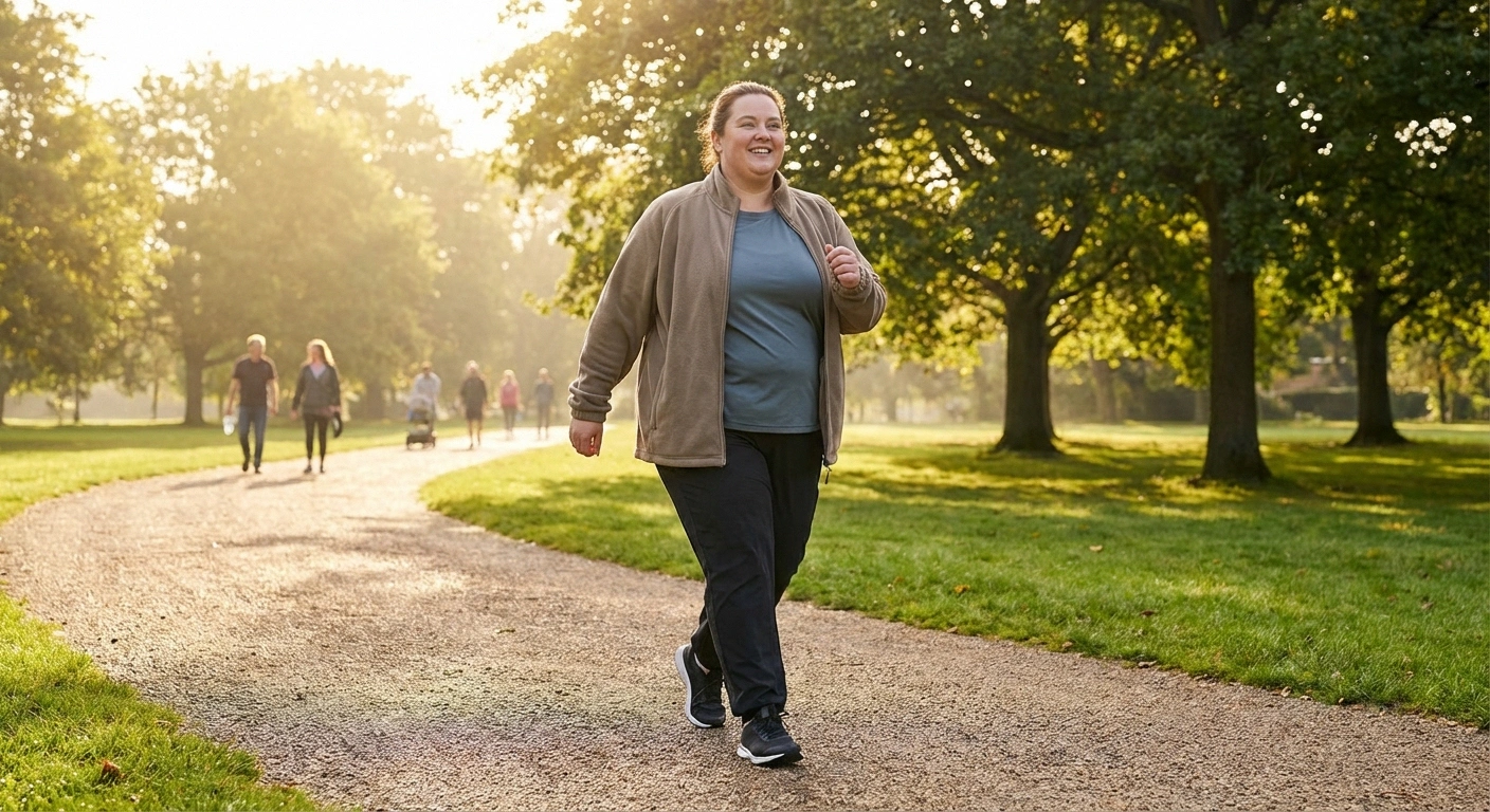 A person standing on a walking path in a park, viewed from mid-distance. They are larger-bodied and wearing comfortable exercise clothing, taking a positive step toward activity. Morning light, encouraging atmosphere. NOT a before/after or clinical image.