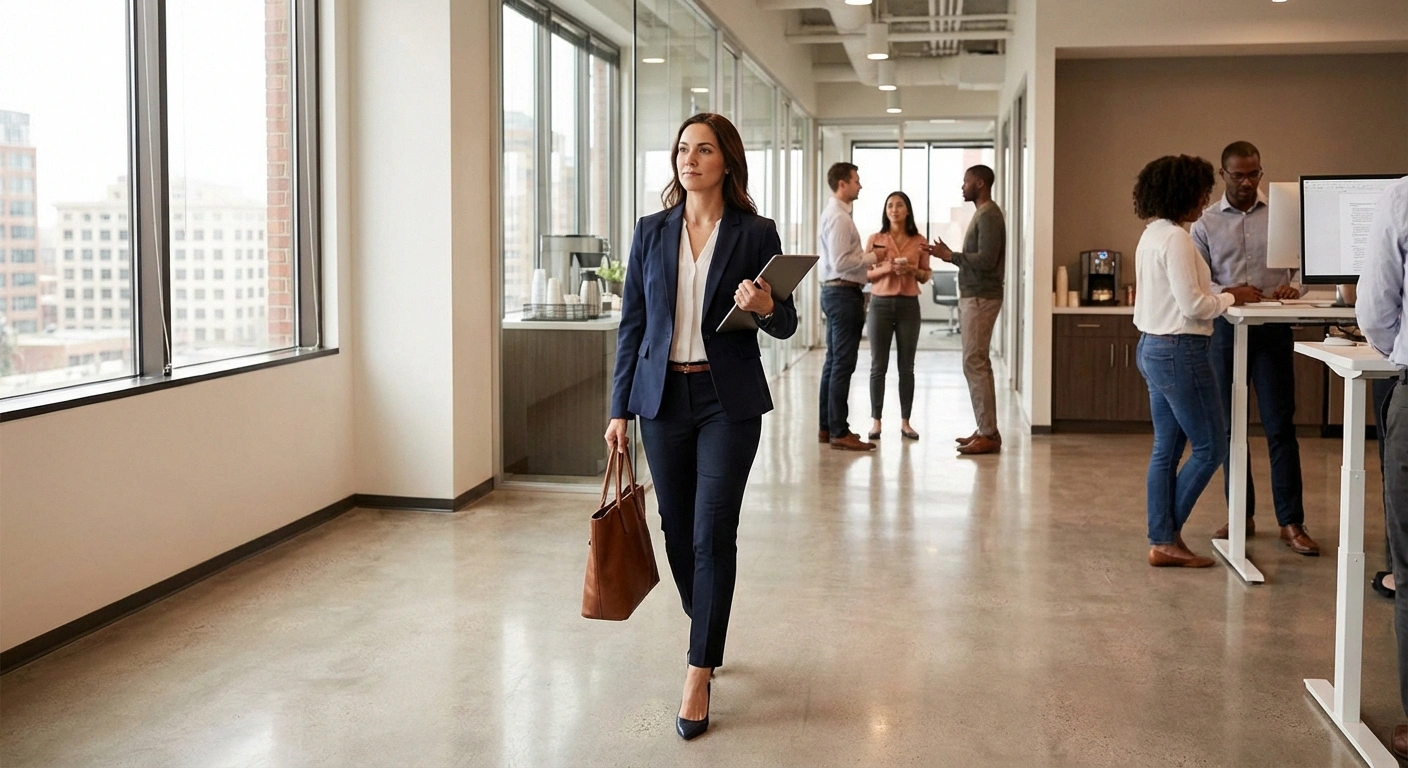 Professional walking confidently through a modern office after successfully navigating neuropathy workplace accommodations