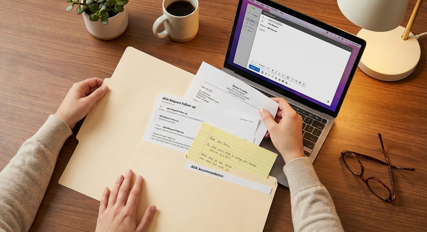 Organizing ADA accommodation documentation including emails, doctor letters, and notes in a home office file
