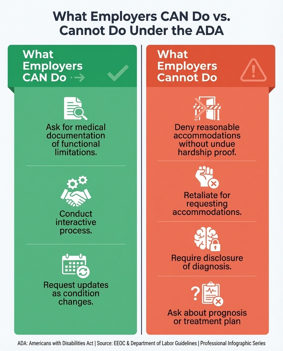 Two-column infographic showing what employers can and cannot do under the ADA when handling neuropathy accommodation requests