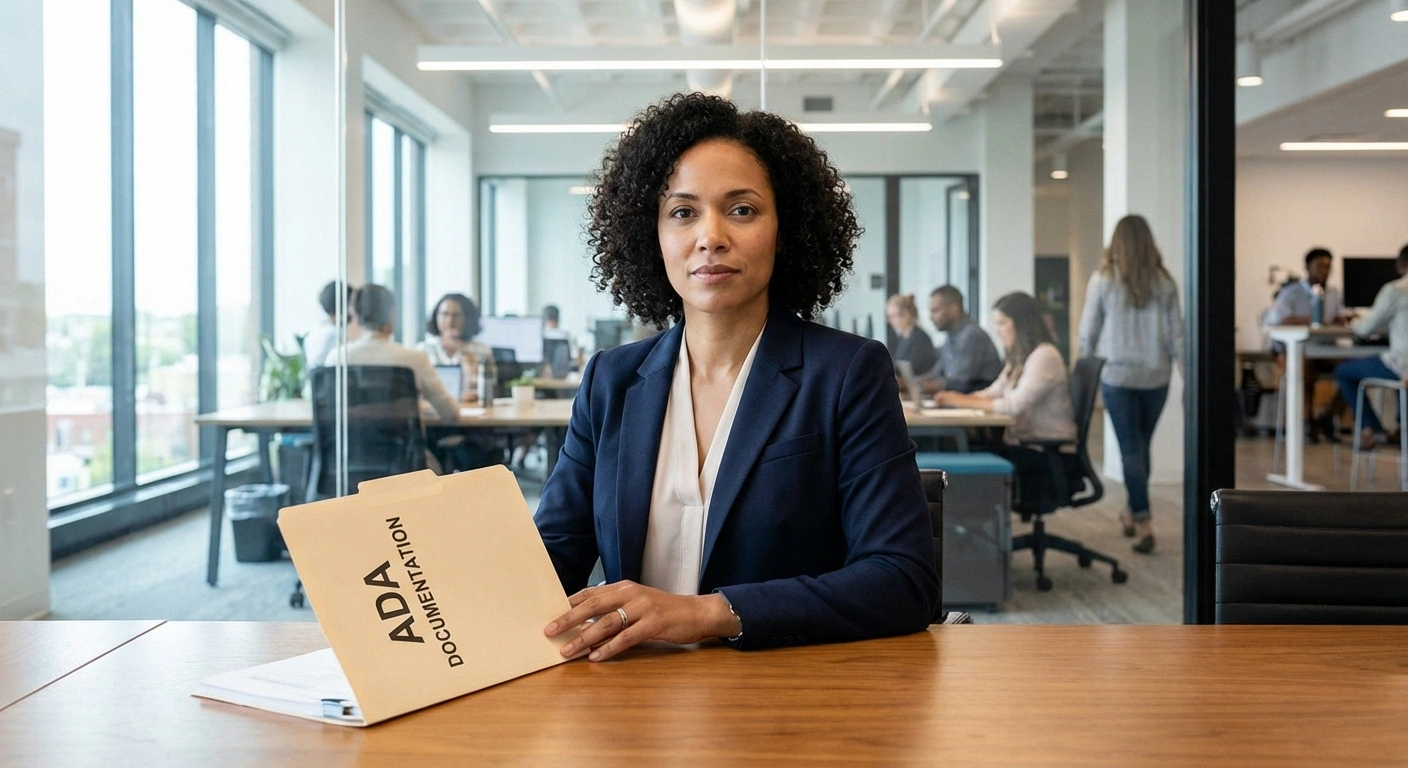 Employee at their desk with ADA documentation conveying confidence and knowledge of their workplace rights for neuropathy