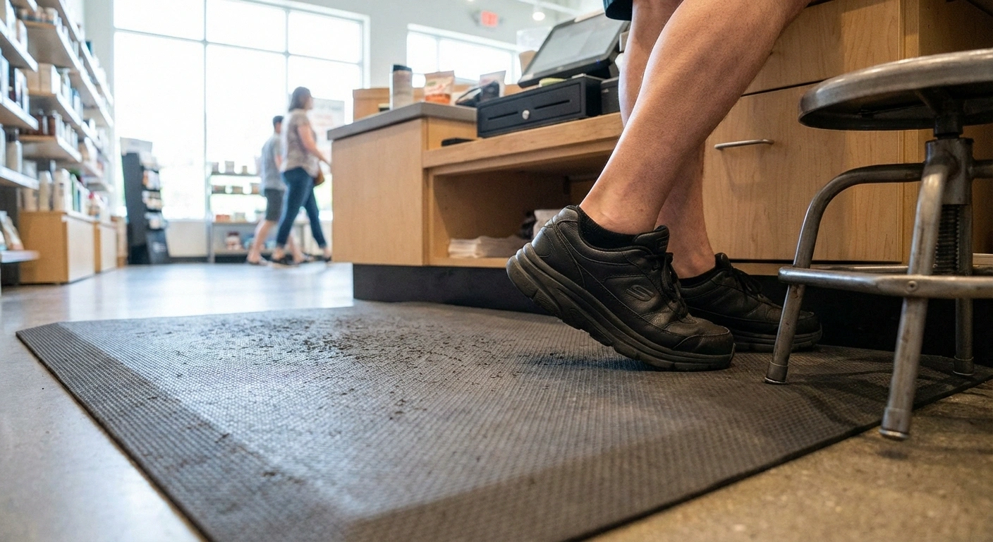 Anti-fatigue mat and supportive shoes at a standing workplace workstation as neuropathy accommodations
