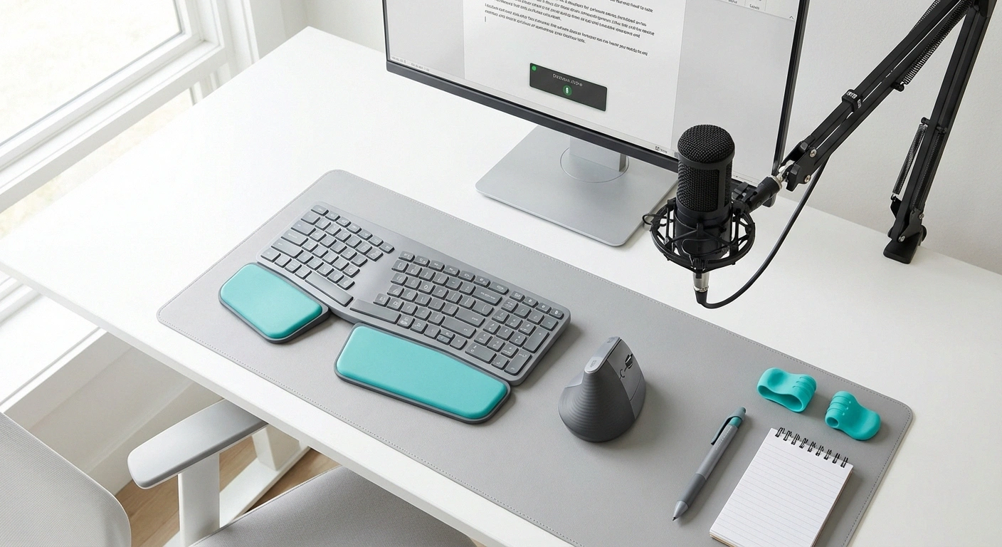 Ergonomic desk setup with split keyboard, vertical mouse, and voice dictation microphone for neuropathy hand accommodations